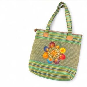 Large Green Boho Woven Tote Bag Rainbow Sunburst Hand Embroidered Artisan